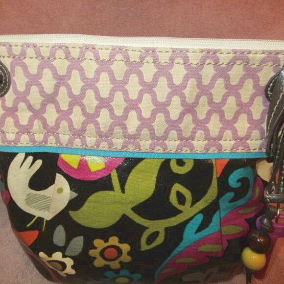 Vtg Y2K Fossil Key-Per Coated Canvas Crossbody Shoulder Bag Hobo Funky Bird Art - Picture 3 of 13